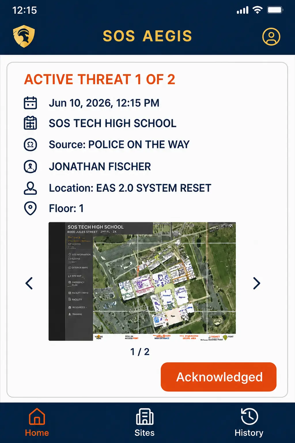 SOS Aegis active incident screen for SOS Tech High School with incident details and mapped location context